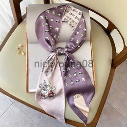 Pendant Scarves 2023 Luxury Woman Small Silk Scarf Spring Autumn Animal Cat Rabbit Print Ribbon Neck Scarves Long Female Headband Bag Strap x0904