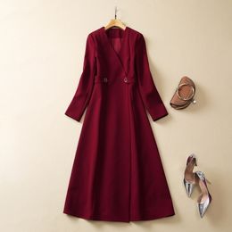 2023 Autumn Wine Red Solid Colour Panelled Slim Dress Long Sleeve V-Neck Midi Casual Dresses S3S020831