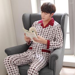 Men's Sleepwear 2023 Summer Casual Plaid Short Sleeve Long Pants Cotton Pyjama Sets For Men Korean Pyjama Male Homewear Lounge Clothes
