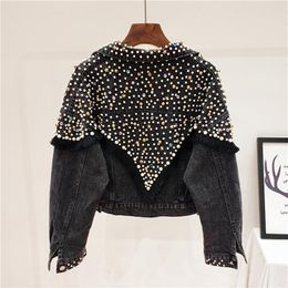 Women's Jackets Autumn Fashion Heavy Work Beading Wash Denim Jacket Women Loose Short Coats Studded Black Blue Jeans Streetwe277A