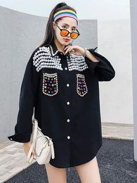 Women's Blouses Spring And Summer Long-sleeved Diamond-studded Beaded Denim Single Breasted Shirt Loose Personality Punk Style Jacket