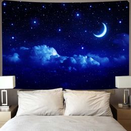 Tapestries Star Sky Moon Tapestry Hanging Decorative Blue Starry Night Galaxy Universe Large Fabric Wall for Bedroom Decor 230901