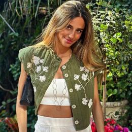Women's Vests Fashion Floral Embroidered Cotton-Padded Veste 2023 Vintage Chic Waistcoat Vest For Women Auturn Holiday Female Crop Tops