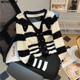 Women's Knits Sequins Striped V-neck Knit Cardigan Sweater Women Crop Tops Knitwear Autumn Winter Long Sleeve Double-breasted Elegant