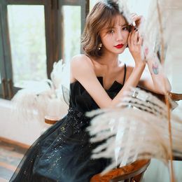 Party Dresses Elegant Black Evening 2023 Sleeveless Spaghetti Strap Ankle-Length Dress Backless A-Line Tulle Sequined Prom Gowns