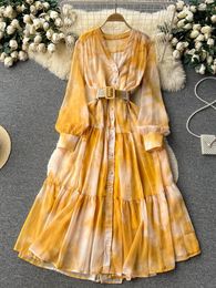 Casual Dresses 2023 French Women's Fall Dress V-neck Vintage Chiffon Female Holiday A-line Midi Dresees Lady Fashion Tie Dye Vestidos Maxi