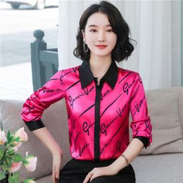 Fashion Printed Rose Red Silk Shirts Long Sleeve 2023 Runway Designer Ladies Button Down Casual Office Satin Blouses Plus Size Wom3349