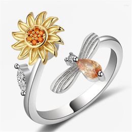 Cluster Rings Creative Rotatable Sunflower Bee Crystal Party Silver Colour Women's Accessories Adjustable Open Finger Jewellery