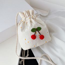 Evening Bags Cherry Handmade Straw Shoulder Bag Casual Women Woven Drawstring Crossbody Bucket Female Pure Braided Messenger Handbags