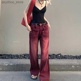 Women's Jeans Boyfriend Style Streetwear Baggy Jeans Women Denim Trousers High Waist Y2k Vintage Washed Distressed Wide Leg Mopping Red Pants Q230904