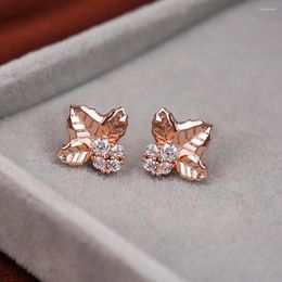 Stud Earrings Cute Plant Leaf Double Rose Gold Color Small Crystal Stone For Women Vintage Ear Studs Female Jewelry