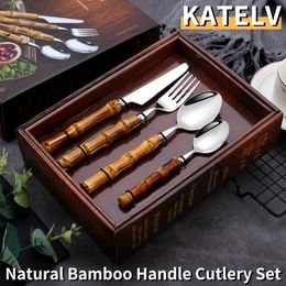 Dinnerware Sets 424Pcs Tableware Set Bamboo Handle Stainless Steel Includes Fork Knife Spoon Flatware With Gift Box Cutlery 230901