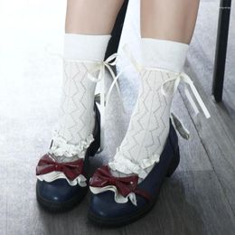 Women Socks Japanese JK Kawaii Bowknot Summer Breathable Middle Tube Hollow Out Cotton For Female Bandage Stockings