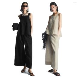 Women's Two Piece Pants Early Autumn Fashion Femininity Sweet Square Collar Suspender Linen-blend Vest Casual High-waisted Trousers