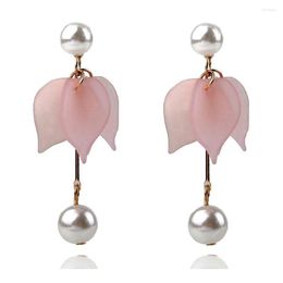 Stud Earrings 2023 Sweet Petal Long Pearl For Women Beach Resin Flowers Temperament Ladies Accessories Ear Clip Jewellery