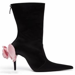 Boots Autumn/Winter Fashion Women's High Stiletto Heel Pointed Toe Zipper Calf boot Sexy Rose flower 230901