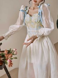 French Vintage Print Princess Dres Elegant Evening Party Midi Dress Female Bubble Sleeve Chiffon Korean Retro 230808