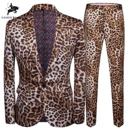 Plus Size 5XL Trend DJ Night Club Leopard Print 2 Pieces Set Mens Suits Jacket With Pants Stage Singers Costume Casual Suit1236I