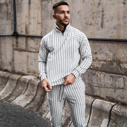 Men's Tracksuits Spring Fashion Striped Print Two Piece Suits Men Casual Loose Zipper Stand Collar Tops And Pants Sports Sets Mens