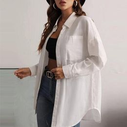 Women's Blouses 2023 Autumn Lapel White Tops Women Long Sleeve Office Blouse Bohemian Style Shirt Simple Loose Pockets Shirts Elegant 28613