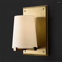 Wall Lamp American All-copper Linen Lamps Retro Living Room Bedroom Modern El Study Background Fabric Sconces Lights Lighting