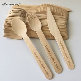 Dinnerware Sets 150pcs Disposable Cutlery Kitchen Set Personalized Name Date Party Spoon Fork Knife 14cm Ice Wood BBQ Bar Accessory 230901