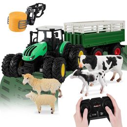 Electric/RC Car 1/24 RC Tractor Trailer with LED Light 8In1 Farm Toys Set 2.4GHZ Remote Control Car Truck Farming Simulator for Children Gift 230901