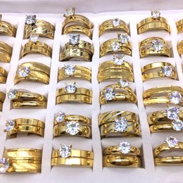 Wedding Rings Wholesale 36 Pairs 72pcs 2 IN 1 Mens Couple Rings Gold Plated Top Stainless Steel Wedding Jewellery Bands Party Gifts 230901