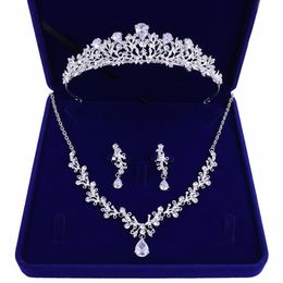 High-quality new bride crown tiara three-piece zircon necklace earrings princess birthday wedding with female accessories gift230S