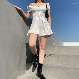 Casual Dresses White Bandage Mini Dress Women Kawaii Puff Sleeve Square Collar Sundress Sexy Lolita Short Goth Streetwear