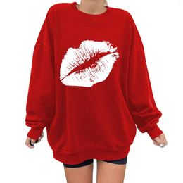 Women's Hoodies Womens Red Lip Printed Pullover Casual Long Sleeve Crew Neck Oversized Sweatshirt Funny Graphic Top Women Autumn Winter