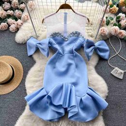 Basic Casual Dresses Elegant Rhine Stone Bow Mesh Short Sleeve Split Dress Chic Party Vestidos High Waist Basic Women Autumn Trumpet Hip Wrap Dress LST230904