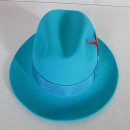 Men's Fashion Fedoras Wool Cap Male Lake Blue Jazz Classic Light Felt Fedora Hat Godfather Cowboy B-8119 Wide Brim Hats309C