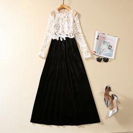 2023 Autumn Black Contrast Color Embroidery Tulle Dress Long Sleeve Round Neck Panelled Long Maxi Casual Dresses S3S020831