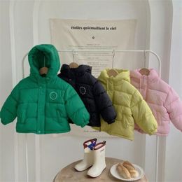 New cashmere cotton-padded kid's down jacket short hooded smiling face padded coat for boys and girls