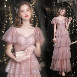 Party Dresses Dusty Pink Evening Dress Sweetheart A-Line Tulle Glitter Tiered Backless Ankle-Length Elegant Banquet Celebrities Princess