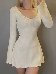 Basic Casual Dresses Solid U Neck Backless Sexy Mini Dress Y2K ALine Flared Long Sleeves Knitted Women Autumn Winter Streetwear Chic 230904