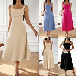 Casual Dresses Solid Colour Suspenders Long Dress Sexy Slim Square Collar Evening Party Women 2023 Summer Elegant Lace Up Vestidos