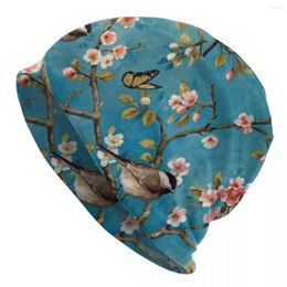 Berets Birds Cherry Blossom Flowers Bonnet Hat Knitting Men Women Cool Unisex Floral Winter Warm Beanies Cap