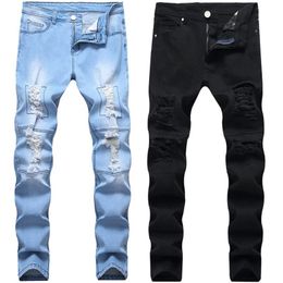 Mens Washed Worn Out Jeans Fashion Denim Pants Elastic Small Straight Tube Tight Fit Youth Fashion Male Pants Jeans 28-42259u