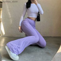 Women's Jeans 2023 Spring Summer Women Elegant Slim Knitted Ribbed Flare Pants Casual High Waist Trousers Vintage Bottoms Purple Sweatpants Q230904