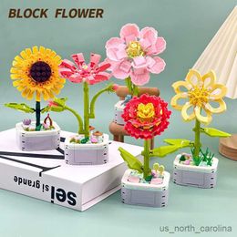 Blocks Sunflower Bouquet Building Block DIY Eternal Flowers Block Toy Set Rose Potted Assembly Girl Friend Gift R230907