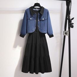 Work Dresses Retro Female Sets 2 Piece Slim Denim Jacket Long Dress Fashion Black Two Suits Solid High Street Womens Outfits Q341