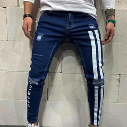 Men's Jeans Men Skinny Denim Biker Side Striped Mens Ripped Pants Destroyed Hole Scratched Zipper Slim Fit Jean Trousers238f