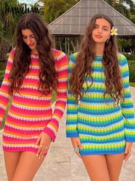 Basic Casual Dresses Hawthaw Women Long Sleeve Striped Beach Vacation Bodycon Mini Dress Streetwear Summer Clothes Wholesale Items For Business 230904