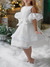 Girl Dresses White Tulle Layered Shiny Bow Flower Dress Wedding Cute Little Child First Eucharistic Ball