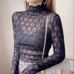 Women's Blouses Women Fashion Perspective High Collar Long Sleeve Chiffon Lace Blouse Female Spring Autumn Pleated Bottom Top