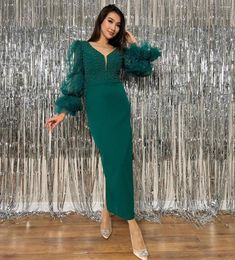 Party Dresses VD Saudi Arabia Women V Neck Beaded Long Puffy Sleeves Evening Mermaid Prom Gowns Trumpet Vestidos De Fiesta