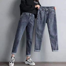 Women's Jeans 2023 Ankle-length Loose Jogger Women Solid Colour Streetwear Scratch Denim Pants All-match Elastic Trousers S28