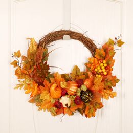 Other Event Party Supplies Autumn Wreath Decorations 45cm Hand-made Pumpkin Wreath Halloween Harvest Wreath with Berries Pumpkins Maple Leaves Pine Cones 230904